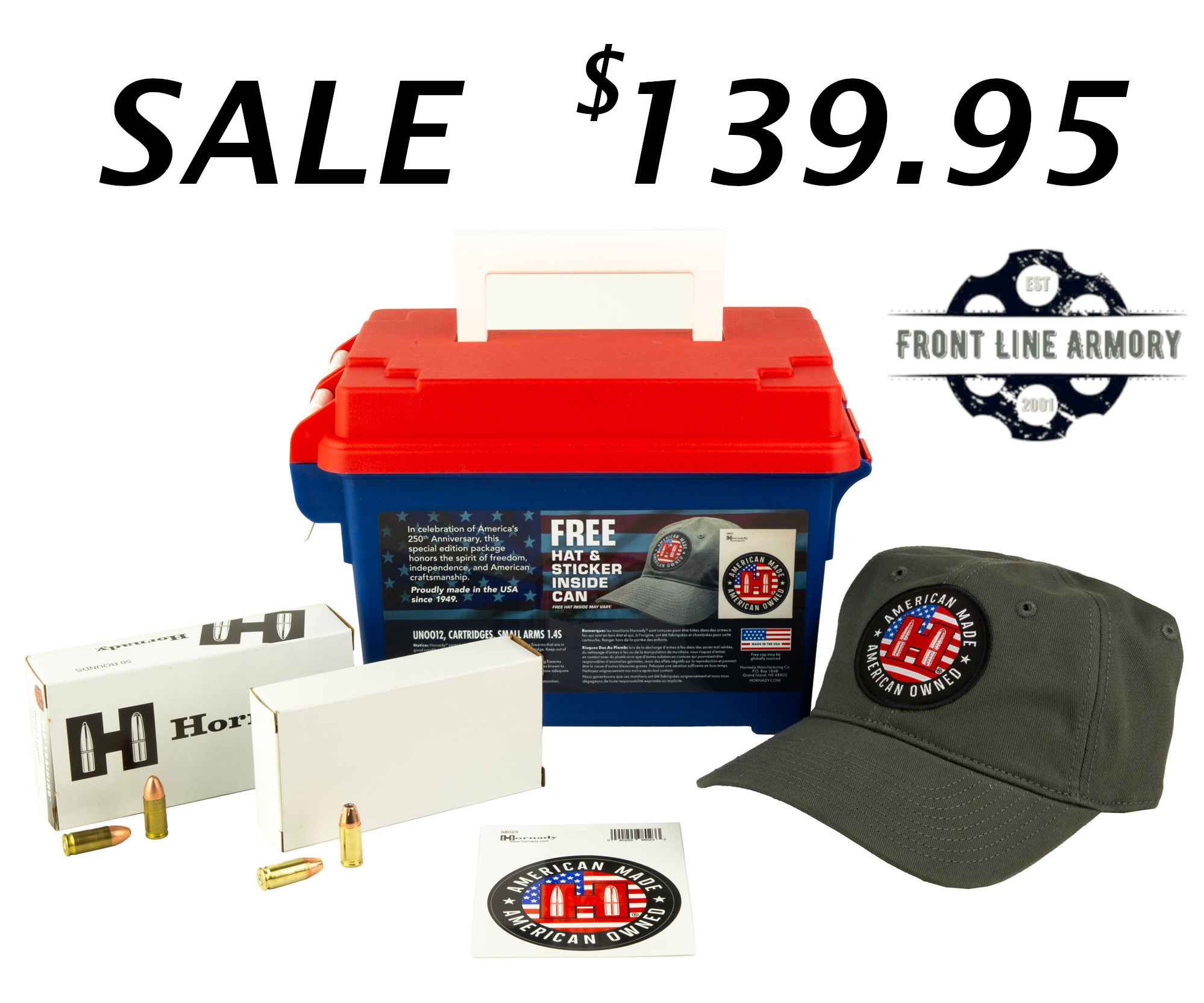Hornady, American Gunner Training, USA Ammo Can Combo, 9MM, 115 Grain, (1) 50 Round Box of 115 Grain American Gunner XTP & (4) 50 Round Box of 115 Grain FMJ, 250 Rounds Per Ammo Can, Includes Red. White & Blue Ammo Can, Hat and Sticker