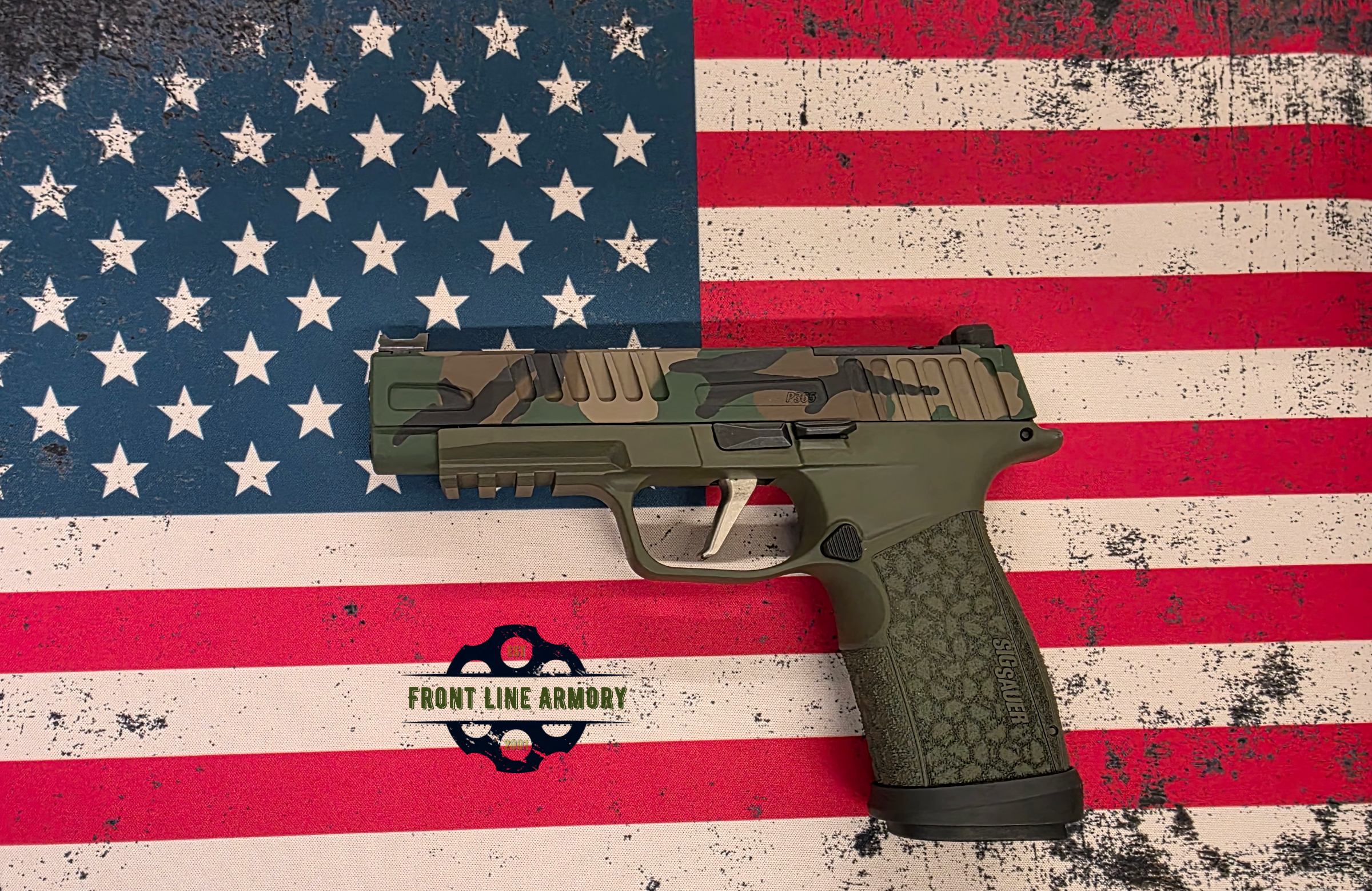 Sig 365 Fuse. 21+1 round 9mm Customized by SkyDas with a 2 Tone M81 Woodland Camo Cerakote finish.